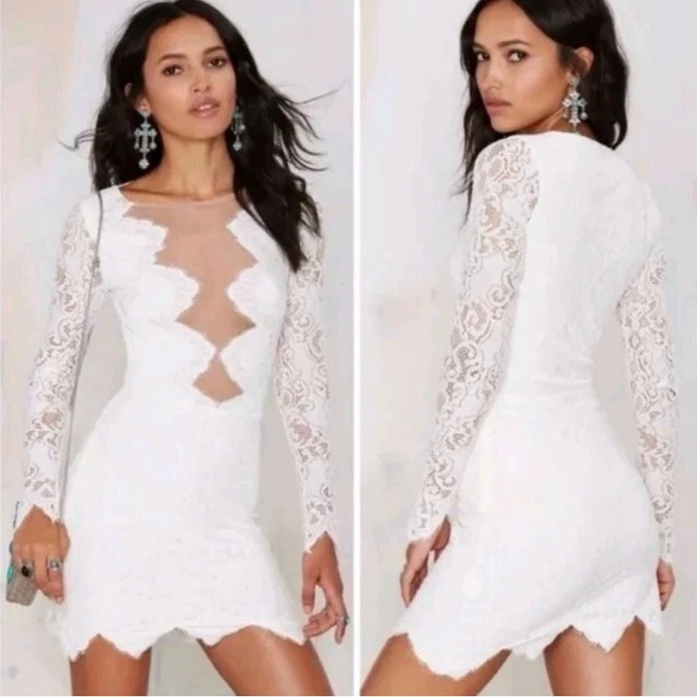 For Love & Lemons White Lace Long-Sleeve Mini Dress
